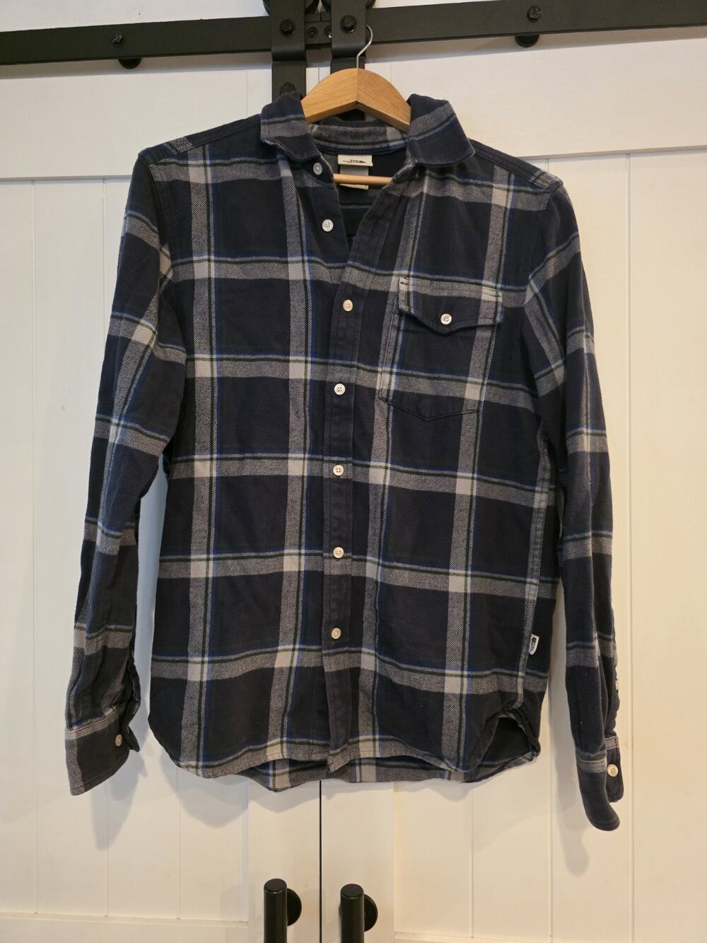 The North Face Men's Small Plaid Flannel Button Front Shirt Blue Gray Cotton